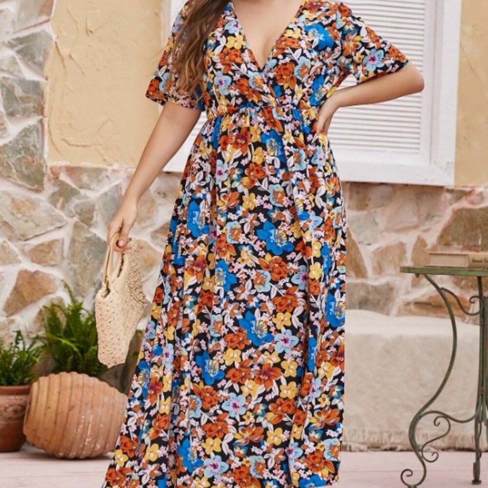 SHEIN Plus Allover Floral Print Surplice High Waist Dress 2X